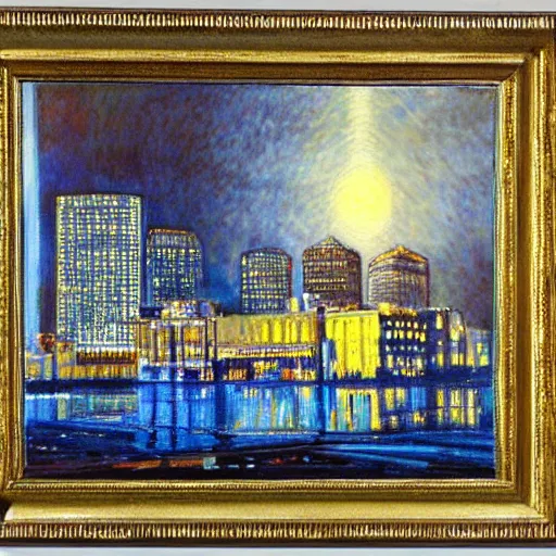 Image similar to impressionistic full - color painting of a distorted mirror reflecting a nightmarish boston downtown skyline in 1 9 2 5 at night with a horrifying sky, aerial view, dark, brooding, night, atmospheric, horror, cosmic, ultra - realistic, smooth, highly detailed by dave dorman