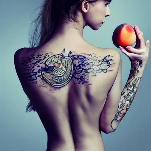 Image similar to Beautiful clothed woman holding a peach, seen from the back, intricate tatoos, digital art by WLOP and Artgerm