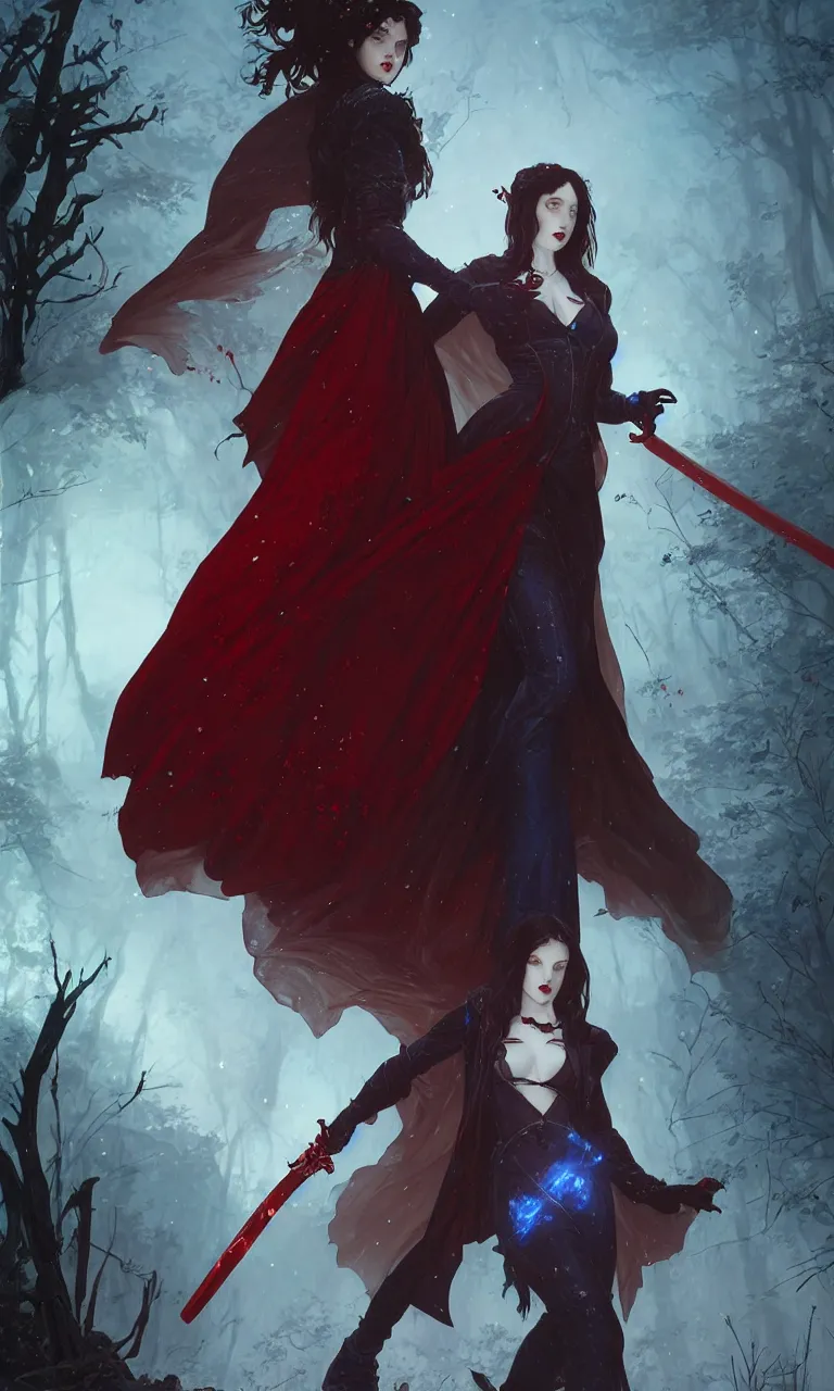 Image similar to full figure, full body, female vampire, pale skin, red jacket, holding a sword wrapped in blue sparkling magic, walking towards the camera, camera pulled back far, detailed illustration, intricate details, surrounded by zombies, 8 k post processing, scary atmospheric lighting, photoshop, art by artgerm and greg rutkowski and alphonse mucha