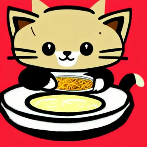 Image similar to a cute kawaii cat eating a bowl of ramen