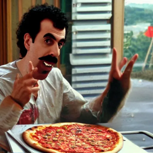 Image similar to borat eating pizza, wet, sloppy gross, obnoxious