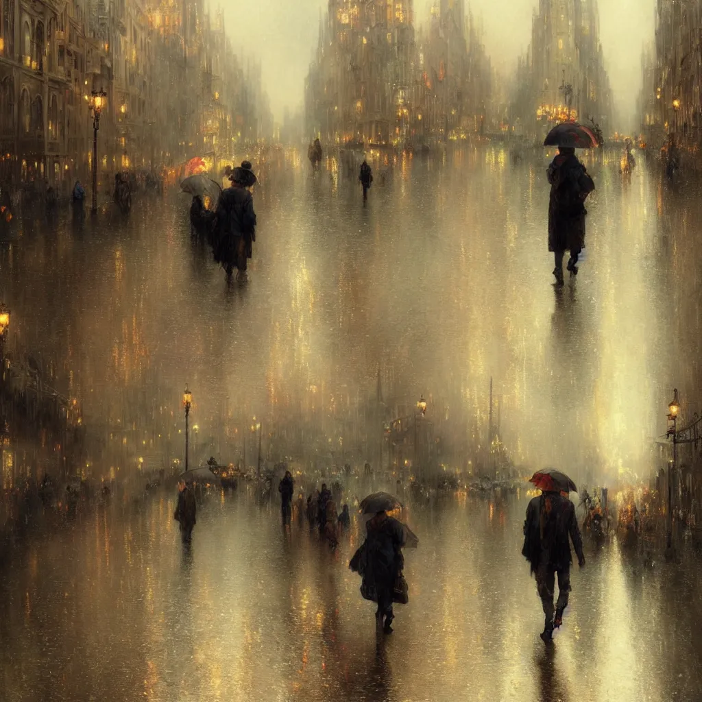 Image similar to a beautifull intricate city, wet sidewalk, people, reflections, raindrops, high details, art by william turner, by greg rutkowski and by alphonse mucha, trending on artstation, extremely detailed, masterpiece