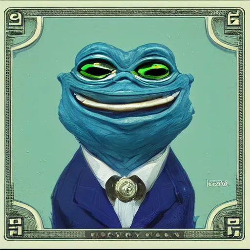 Image similar to super rich happy pepe, luxury, treasury, coins, money, hyper detalied, blue crystals, greg rutkowski, artstation