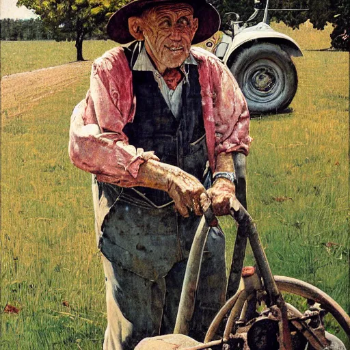 Prompt: high quality high detail painting by norman rockwell, hd, old man on tractor, big eyes, muted pastel colors, photorealistic lighting