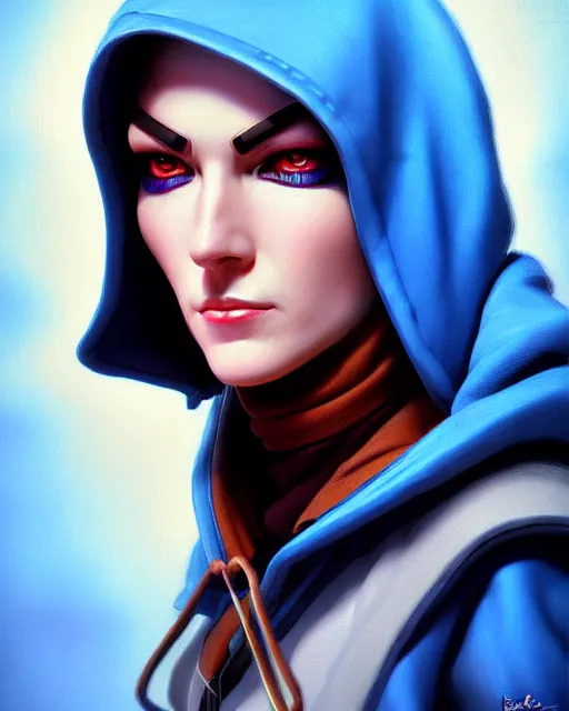 Prompt: ana from overwatch, blue hooded cloak, eye patch, older woman, character portrait, portrait, close up, highly detailed, intricate detail, amazing detail, sharp focus, vintage fantasy art, vintage sci - fi art, radiant light, caustics, by boris vallejo