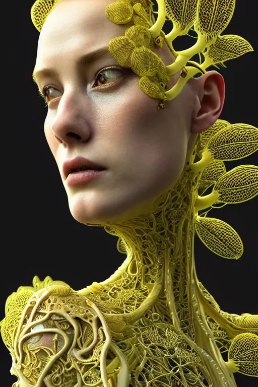 Prompt: intricate hyper detailed ultra sharp 3 d render of a beautiful porcelain biomechanical woman profile portrait, large pore fungi embroidered, cyberpunk art nouveau, haute couture leaves stems blooming dahlia transparent fractal dandelion yellow pistil filigree roots, intricate details, octane render, volumetric cinematic lighting, vray tracing, 8 k post - production