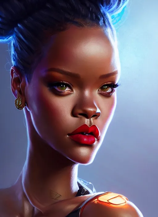 Image similar to portrait of apex legends rihanna, intricate, elegant, glowing lights, highly detailed, digital painting, artstation, glamor pose, concept art, smooth, sharp focus, illustration, art by artgerm and greg rutkowski, artey freytag