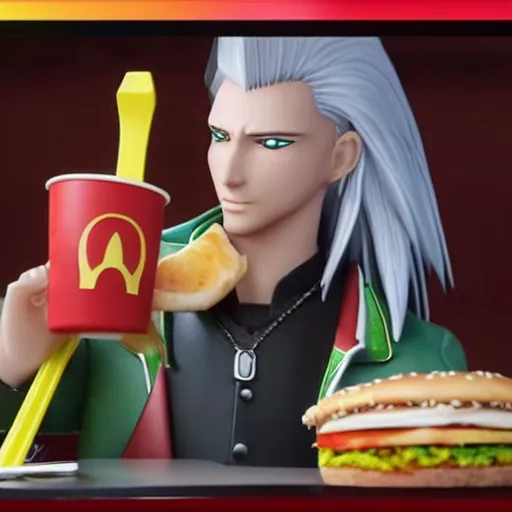 Prompt: Sephiroth eating a big mac in McDonald's, highly detailed, 4k 1080p, shot on iphone,