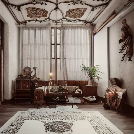 Prompt: cinematic view of a creepy and dangerous monster standing in the middle of detailed bohemian interior living room, style of art deco, intricate details, nice furniture, natural lighting atmosphere with led hanging light, walls are white combined with old texture, wooden old floors with minimal carpets, warm vital atmosphere, wooden brown furniture, octane render, hyper realistic details