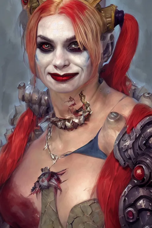 Image similar to portrait of harley quinn as a hulking herculean demon orc bugbear clown queen, forest, godlike, upper body, fantasy, intricate, elegant, highly detailed, digital painting, artstation, concept art, sharp focus, illustration, art by artgerm and greg rutkowski and alphonse mucha