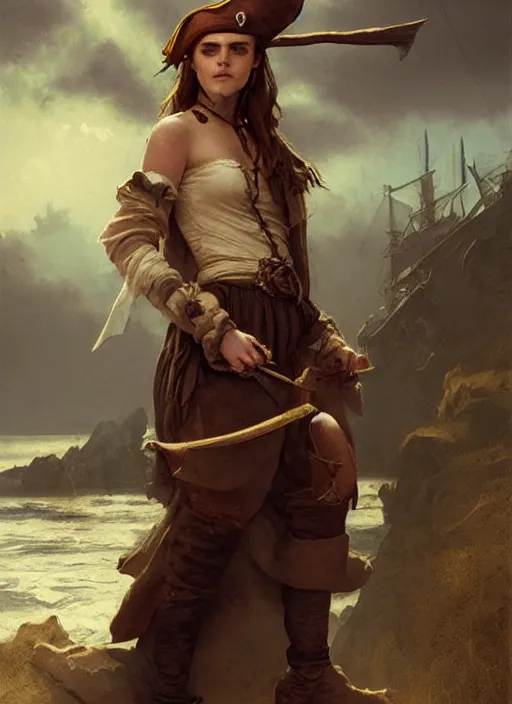 Prompt: hyper realistic photo of medieval beautiful pirate emma watson full body, rule of thirds, conceptart, saturated colors, cinematic, greg rutkowski, brom, james gurney, mignola, craig mullins, artstation, cgsociety