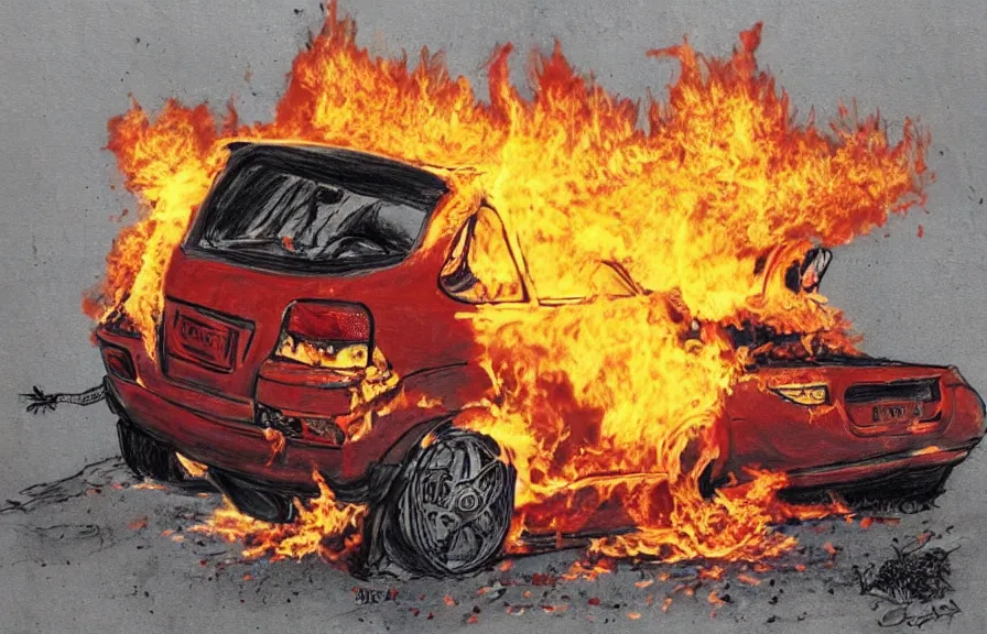 Image similar to car on fire, children drawing