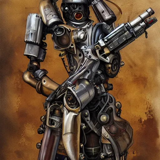 Image similar to a steam punk cyborg holding a 1 2 gauge shotgun highly detailed, digital painting, artstation, concept art, smooth, sharp focus, illustration, art by lucian freud