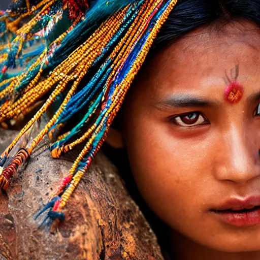 Image similar to portrait of a stunningly beautiful alluring nepalese tribal female, depth of field, zeiss lens, detailed, symmetrical, centered, fashion photoshoot, by annie leibovitz and steve mccurry, david lazar, jimmy nelsson, breathtaking, 8 k resolution, extremely detailed, beautiful, establishing shot, artistic, hyperrealistic, beautiful face, octane render