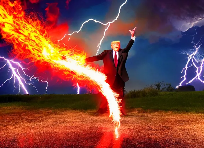 Image similar to burning donald trump on fire casting fireballs, colorful hd picure, lightning in the background