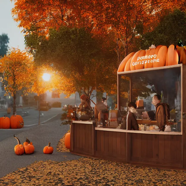 Image similar to pumpkin headed people ordering coffee at a coffee stand, maple trees with fall foliage, volumetric, realistic, cinematic lighting, ray tracing, unreal engine 5, octane render, hyper realistic, photo, 8 k