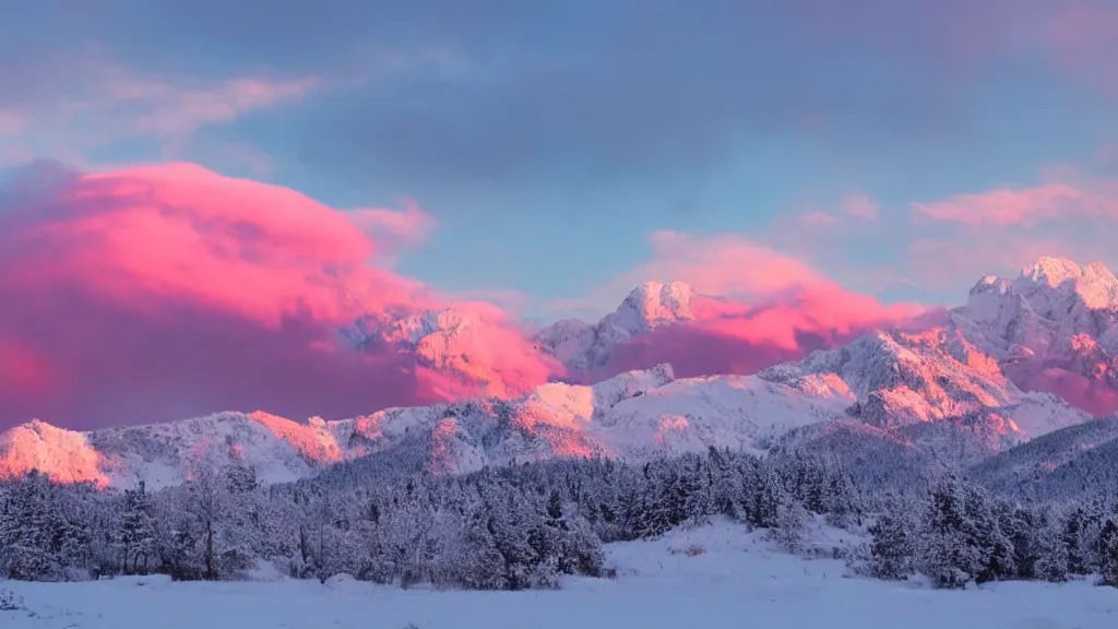 Prompt: Beautiful snowy mountains under the pink clouds backlit by the sun