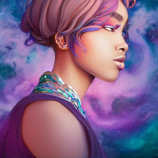 Image similar to black woman with gorgeous pastel balayage hairstyle, as seen on artgerm, octane render, exploding nebulae in the style of alphonse mucha, ultra realistic, highly detailed, 8 k,