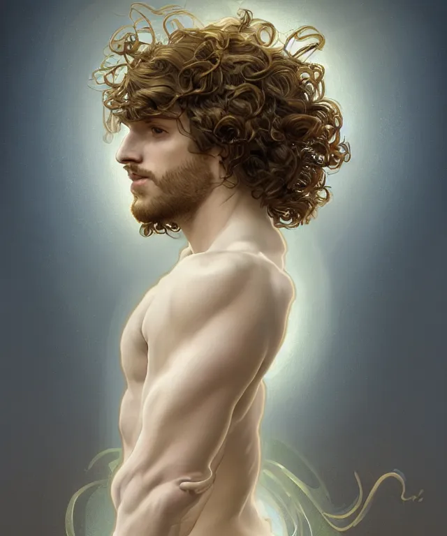 Image similar to fullbody symmetrical portrait of a beautiful young fit male angel with curly blond hairs, full dressed in long fluent clothes, majestic big dove wings, luminous halo, by greg rutkowski and alphonse mucha, gradient white to gold, in front of an iridescent background, highly detailed portrait, digital painting, artstation, concept art, smooth, sharp focus illustration