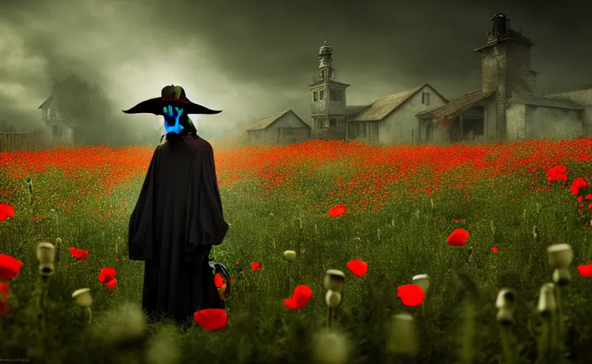 Prompt: an extremely disturbing horror photograph of a plague doctor in a field of opium poppies, hyperrealism, sharp focus, highly detailed, horror cgi 4 k, matte, octane render, cinematography, photo by professional photographer