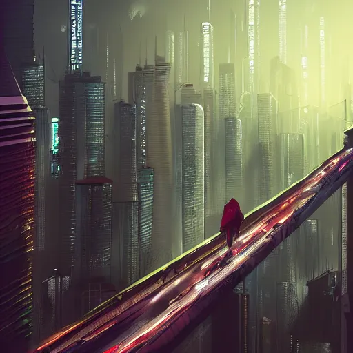 Image similar to a man standing on top of a bridge over a city, cyberpunk art by Vincent Lefevre, behance contest winner, altermodern, cityscape, synthwave, matte painting