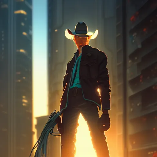 Image similar to cyberpunk cowboy, single subject, scenic full shot, ambient lighting, detailed face, by makoto shinkai, stanley artgerm lau, wlop, rossdraws