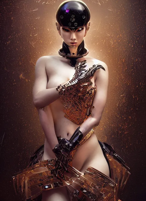 Image similar to portrait of a sensual futuristic geisha cyborg, latex, modern fine art, fractal, intricate ornaments, elegant, highly detailed, digital photography, subsurface scattering, by jheronimus bosch and greg rutkowski,