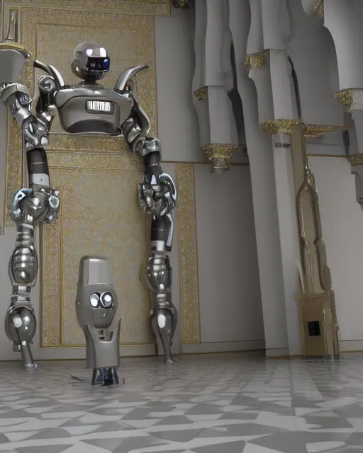 Image similar to a robot praying in the mosque, realistic and detailed, 8 k