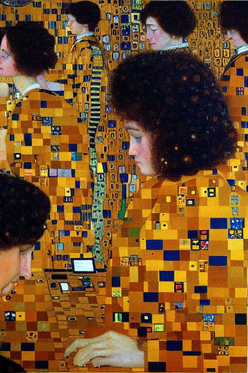 Prompt: oil painting highly detailed computer workers in office painted by gustav klimt