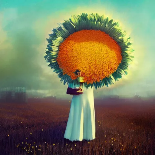 Prompt: giant daisy flower head, frontal, a girl in a suit, surreal photography, sunrise, dramatic light, impressionist painting, digital painting, artstation, simon stalenhag