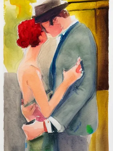 Prompt: water color painting, artwork by saul leiter, of a solo individual portrait of a guy and a girl kissing, dapper, simple illustration, nostalgic, very realistic, full of details, trending on artstation