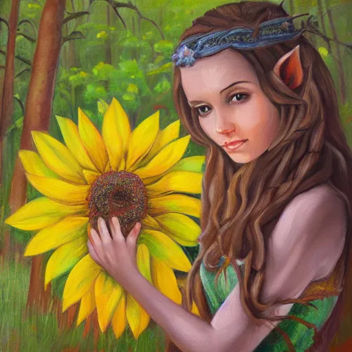 Prompt: beautiful elf girl holding a sunflower in the forest. oil on canvas award winning art gallery painting