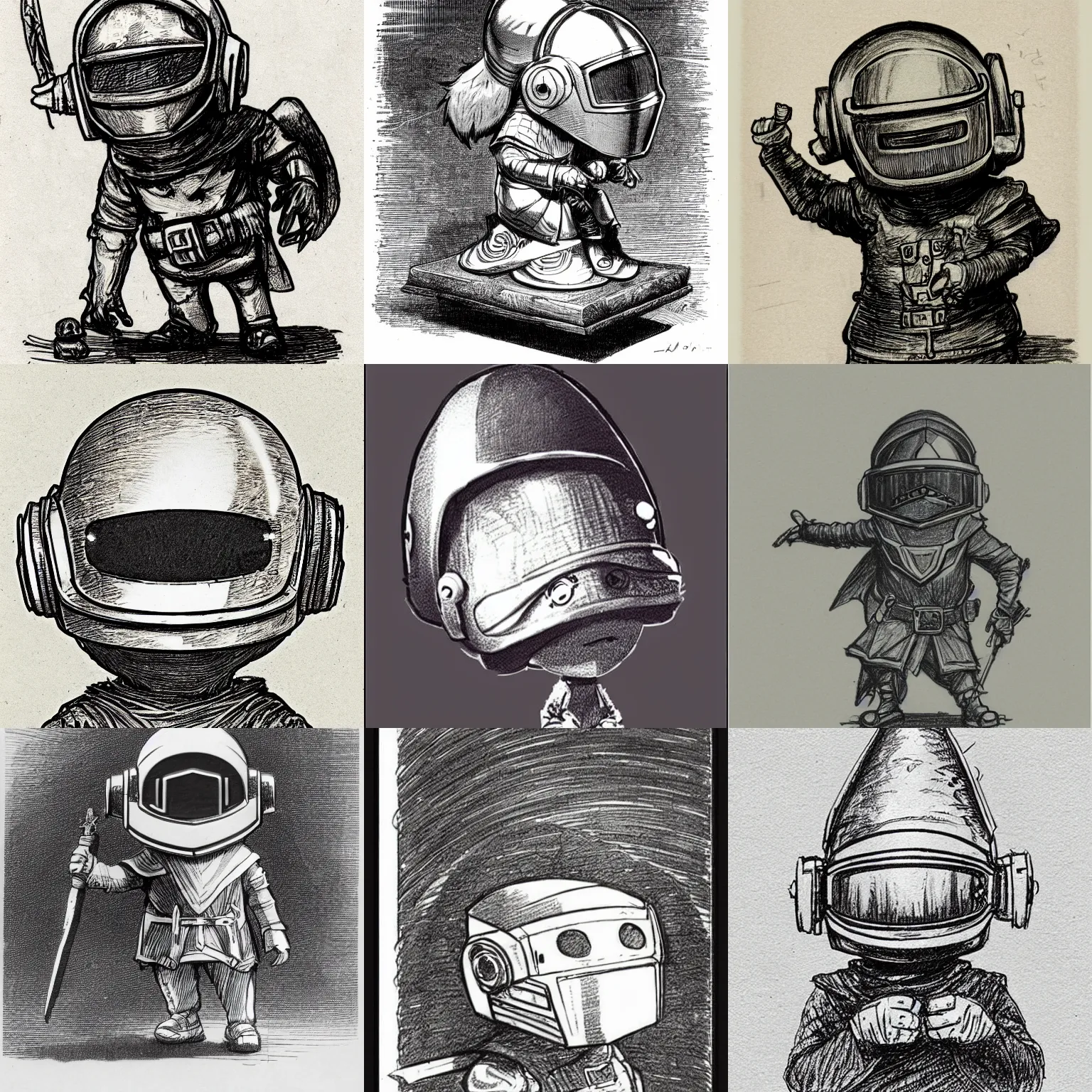 Prompt: sketch of a cute chibi dnd gnome wearing a daft punk helmet, cool pose, etching by louis le breton, 1 8 6 9, 1 2 0 0 dpi scan