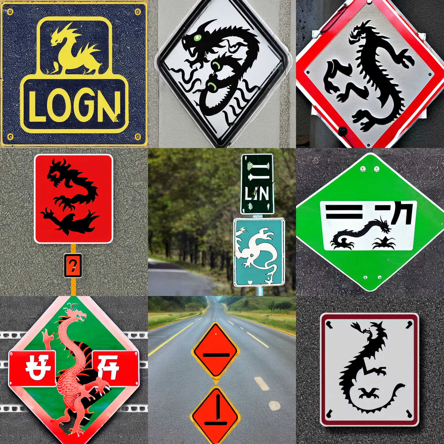 Prompt: dragon crossing ahead road sign