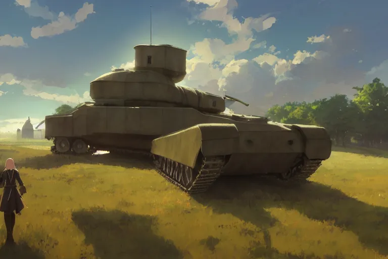 Image similar to concept art of a huge church combined with a tank aka churchtank in an open field, key visual, ambient lighting, highly detailed, digital painting, artstation, concept art, sharp focus, by makoto shinkai and akihiko yoshida and greg manchess