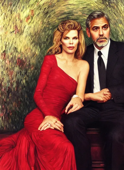 Prompt: george clooney wearing a formal black suit and kim basinger wearing a red dress in love sitting together, moody lighting, highly detailed, focus stacked, candid portrait, art by artgerm and greg rutkowski and alphonse mucha and monet and rembrandt