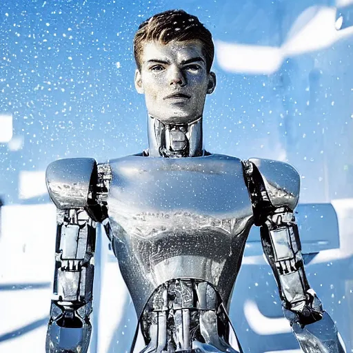 Prompt: made of ice, a realistic detailed photo of a guy who is an attractive humanoid who is half robot and half humanoid, who is a male android, on display, blank stare, showing off his muscles, shiny skin, posing like a statue, by the pool, frozen ice statue, f 1 driver max verstappen, humanoid robot