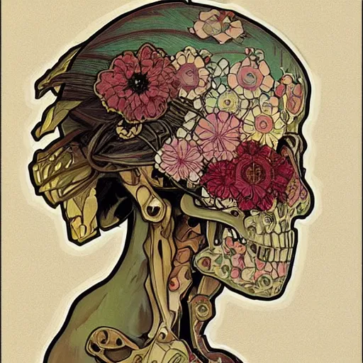 Image similar to manga skull portrait girl female skeleton realism hyperrealistic art Geof Darrow and will cotton alphonse mucha pop art nouveau