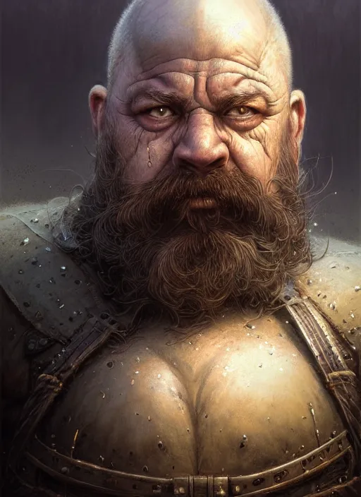 Image similar to closeup portrait shot of a dwarf warrior in a scenic dystopian environment, intricate, elegant, highly detailed, centered, digital painting, artstation, backlit, concept art, smooth, sharp focus, illustration, artgerm, tomasz alen kopera, peter mohrbacher, donato giancola, joseph christian leyendecker, wlop, boris vallejo