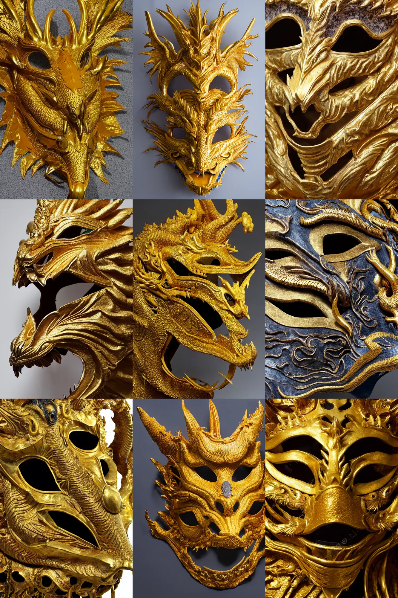Prompt: a close - up studio photo of a golden dragon mask made in spring and autumn period