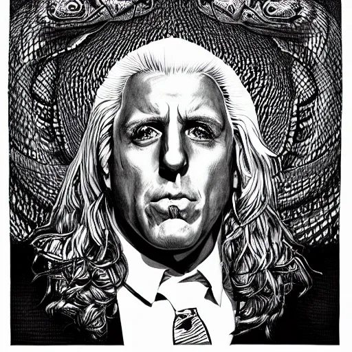 Image similar to ric flair, portrait, flowing python hair, by dan hillier, drawing