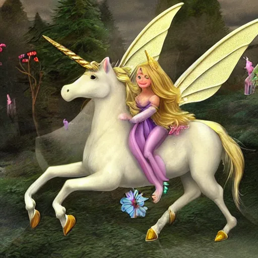 Prompt: photo of a fairy riding a unicorn, highly detailed