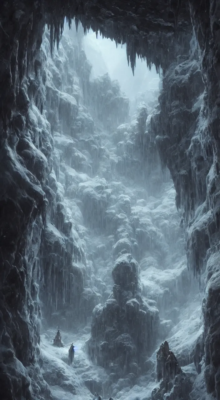 Image similar to five medieval explorers inside an enormous ice cavern, ancient frozen alien architecture, a gigantic dragon distance, dark atmosphere, mist, complementary colors, high details, 8 k matte painting, cinematic lighting, artstation, rule of thirds, by marc simonetti, by gustave dore, by chris cold, by vladimir manyukhin, in the style of dungeons and dragons, octane render