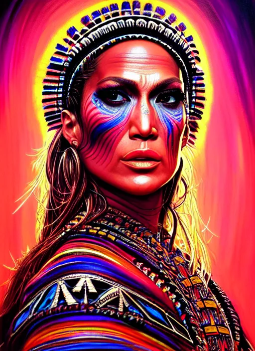 Image similar to portrait of jennifer lopez, hyper detailed ultra sharp aztec shaman warrior. trending on artstation, warpaint aesthetic, bloodwave, colorful, psychedelic, ornate, intricate, digital painting, concept art, smooth, sharp focus, illustration, art by artgerm and greg rutkowski and h. r. giger, 8 k