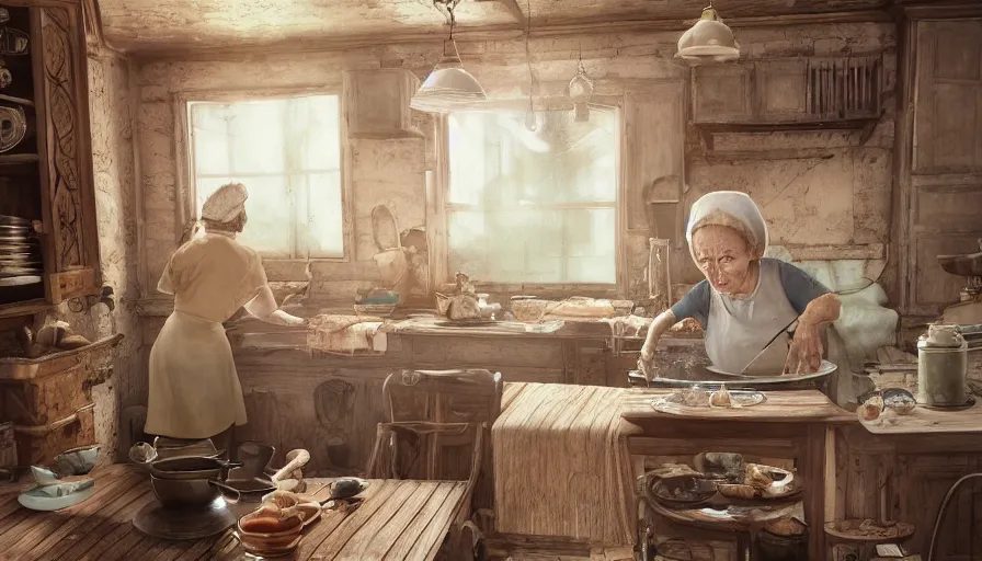 Prompt: old russian lady cooking in her old 1 9 0 0's kitchen, old house, old wooden table, pan and plates, hyperdetailed, artstation, cgsociety, 8 k