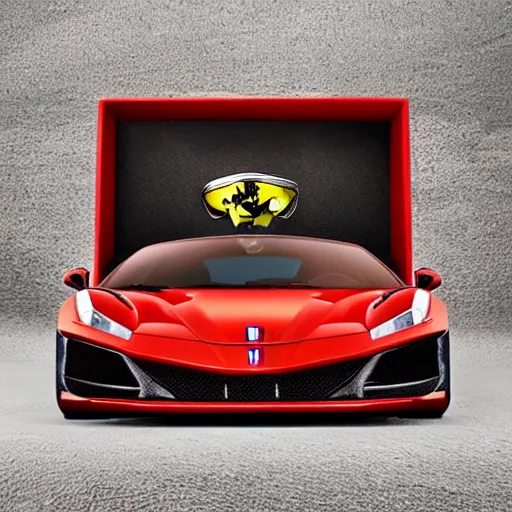 Image similar to realistic photographie lamborgini luxury mix with ferrari inside a pop collector box