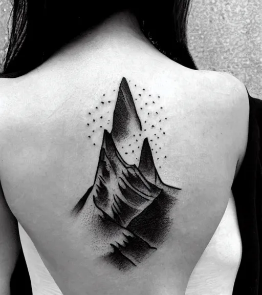 Image similar to tattoo design sketch of a beautiful girl with, faded mountain background, in the style of den yakovlev, black and white, realism tattoo, hyper realistic, highly detailed