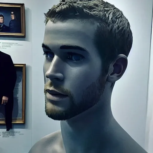 Image similar to “ a realistic detailed photo of a guy who is an attractive humanoid who is half robot and half humanoid, who is a male android, actor liam hemsworth, shiny skin, posing like a statue, blank stare, at the museum, on display ”