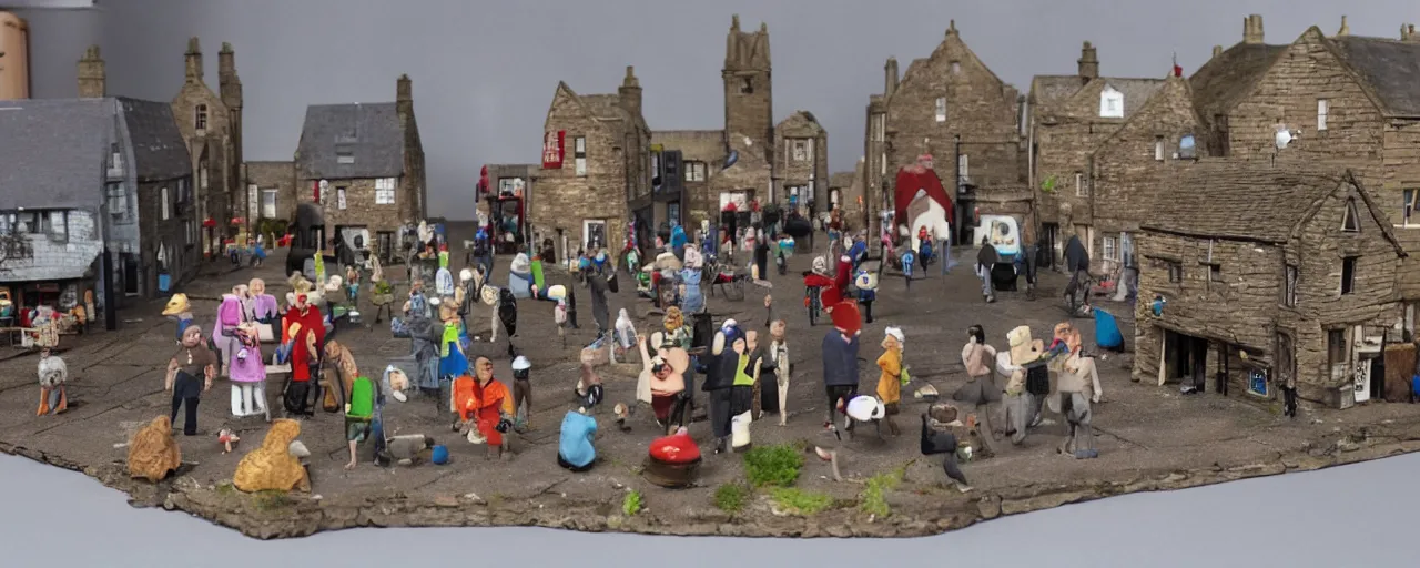 Prompt: an Aardman Claymation model of street life in kirkwall orkney