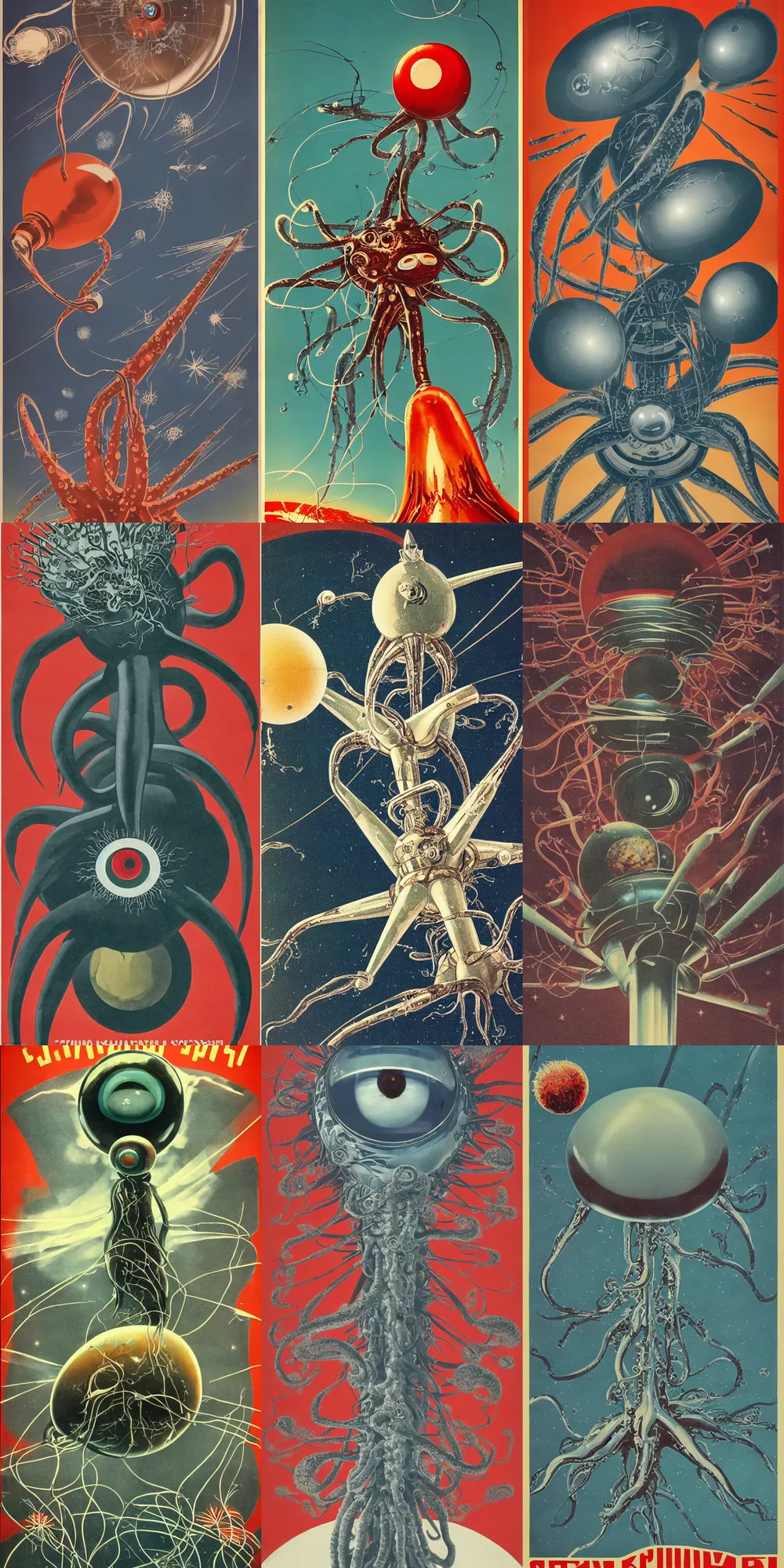 Prompt: a soviet era propaganda poster featuring a chrome and living tissue dendritic organic Sputnik with one gigantic squid eye releasing its spores while in orbit around the earth, sculpted iridescent tissue, soft lighting, chrome and viscera, composition, Cronenberg automata, Marsden, ito, Ryden, sci-fi